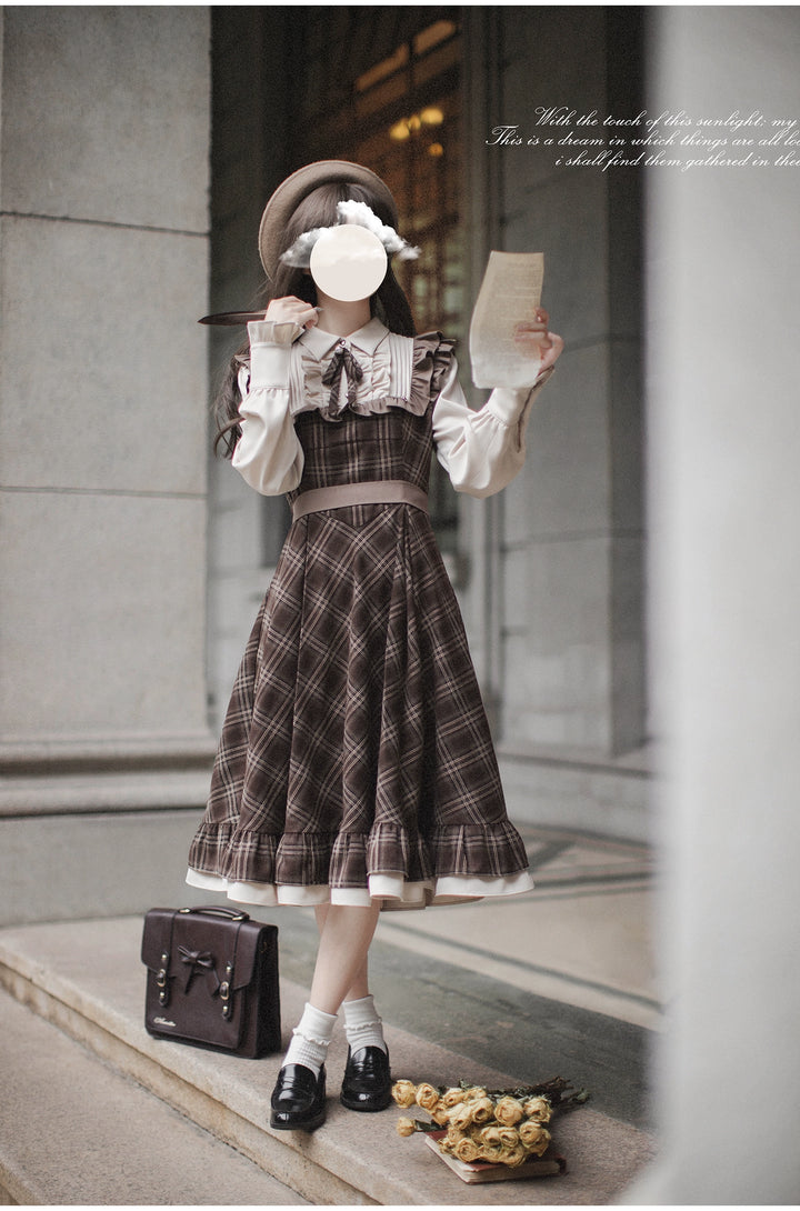 Retro Lolita OP Dress And Brown Lolita Coat Plaid Dress 41080:685960