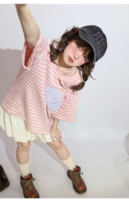 Kawaii Aesthetic Shirt Striped Short Sleeve Cotton Top 36562:518400