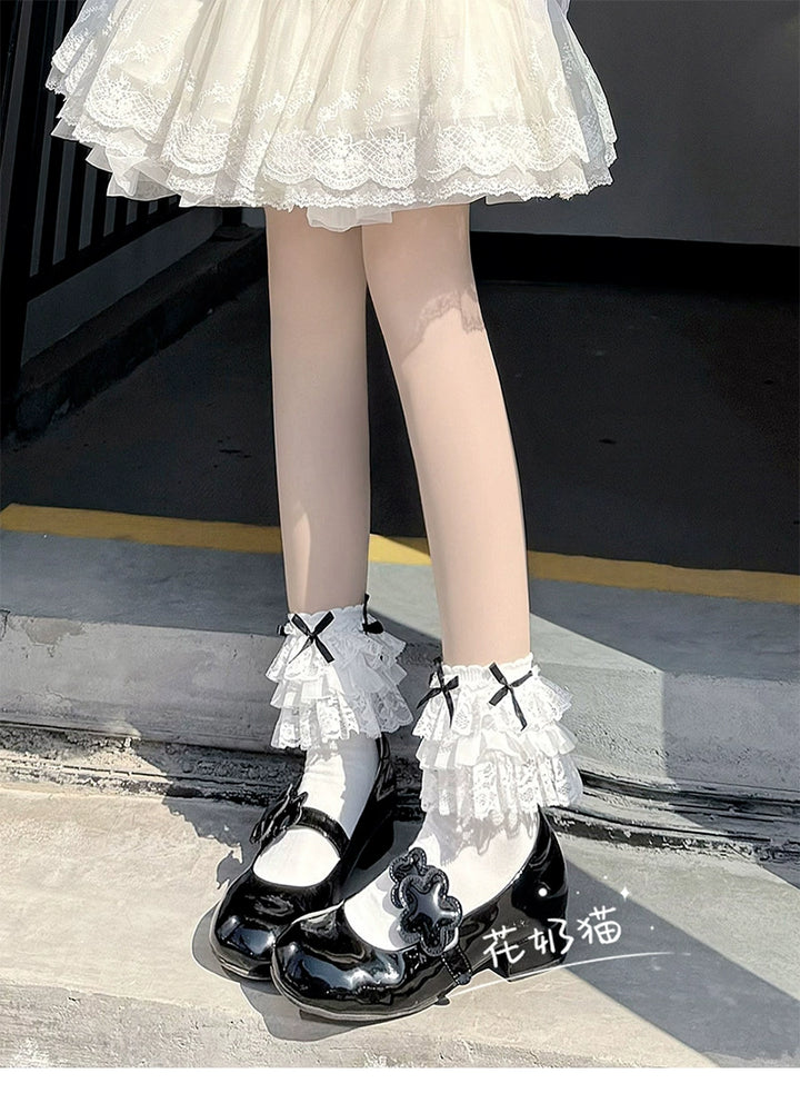 White Lolita Socks Bow And Lace Mid-Calf Cotton Socks 35630:500882 35630:500882