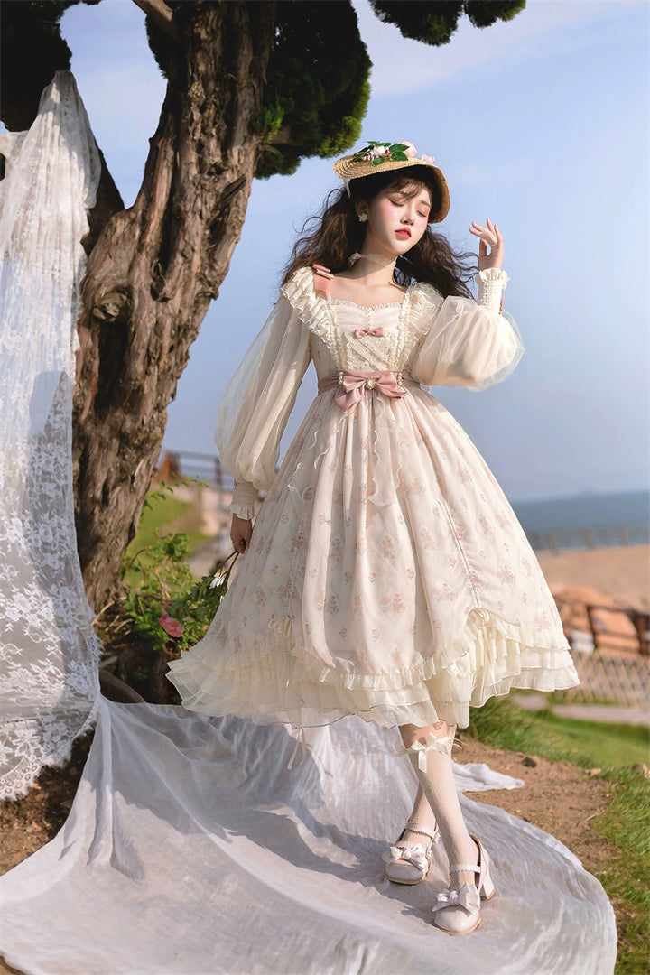 Elegant Lolita Dress Cottagecore Dress Long-Sleeved Beige Dress 36470:515864 36470:515864