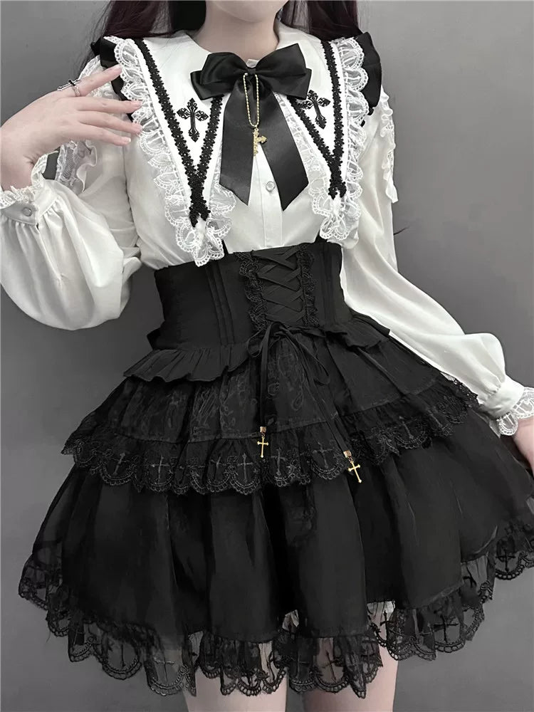 Jirai Kei Flutter Sleeve Suspender Skirt Set, Cross Pendants 45581:860455