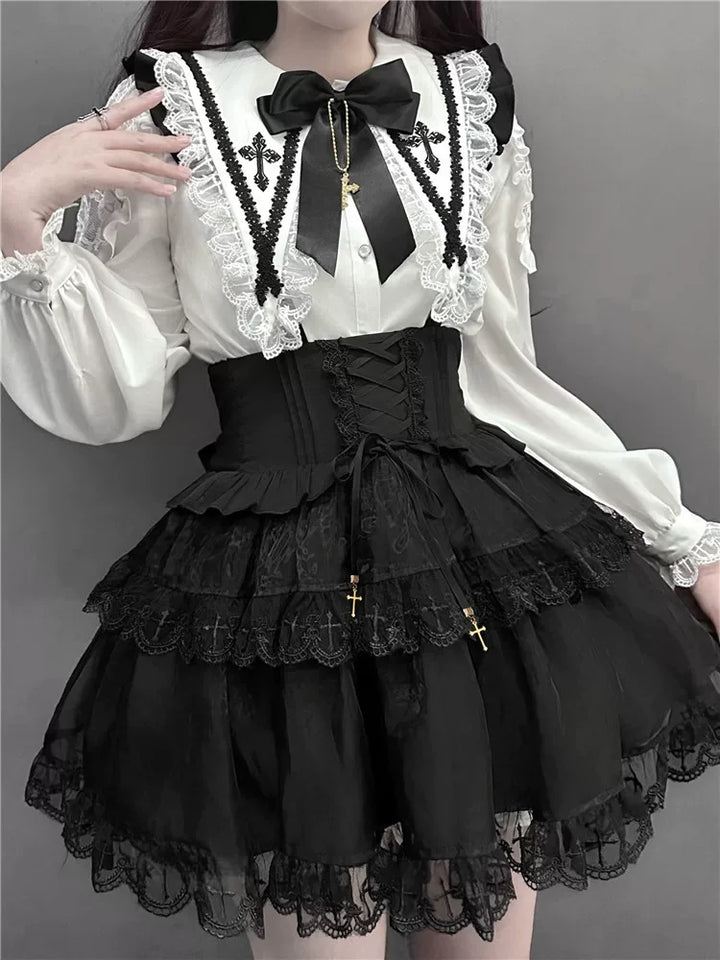Jirai Kei Flutter Sleeve Suspender Skirt Set, Cross Pendants 45581:860455
