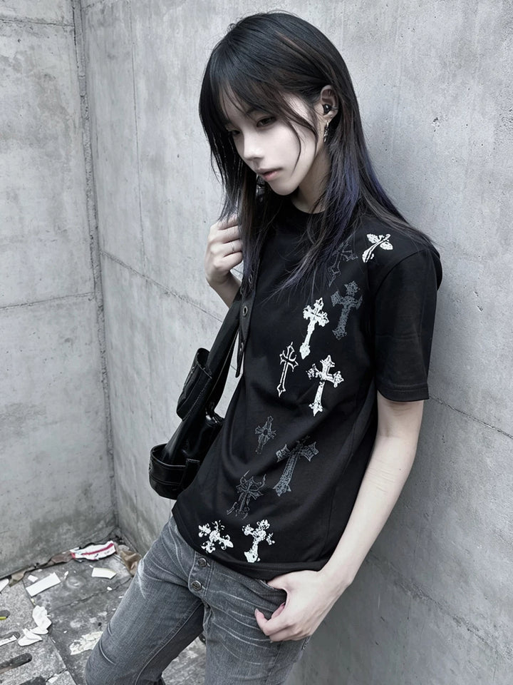Cotton Subculture Cross Printed T-Shirt, Regular Shoulder 45696:859120