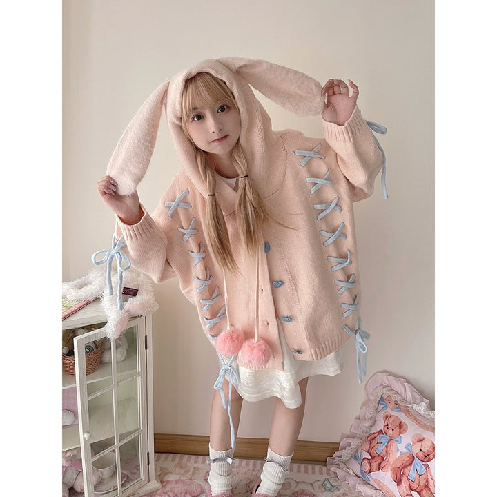 Kawaii White Pink Blue Cardigan Bunny Ears Sweater Coat (Pink) 22658:345282 (Pink) 22658:345282