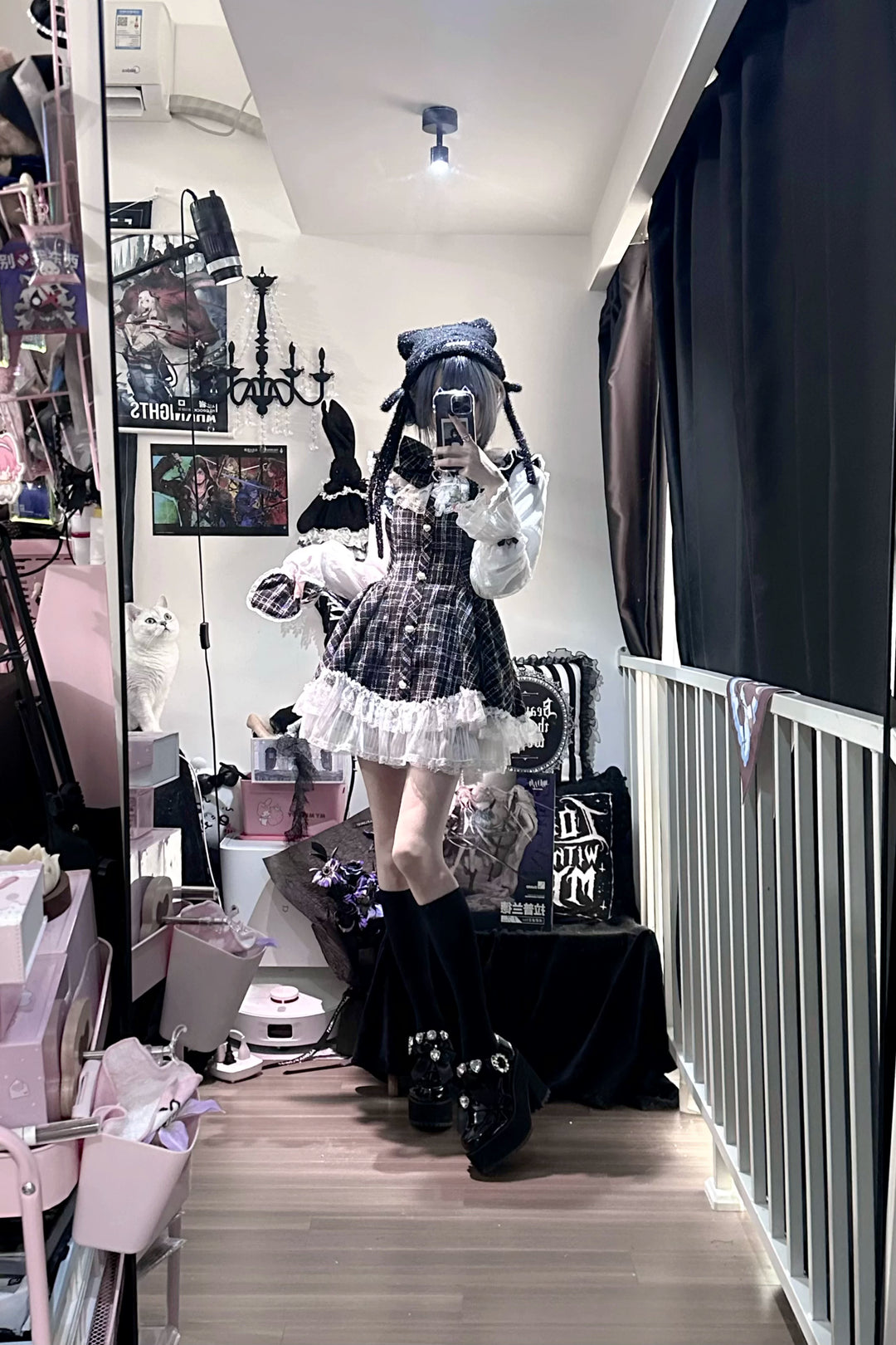 Jirai Kei Plaid Dress Set, Petal-Shaped Lace Hem 44765:825652