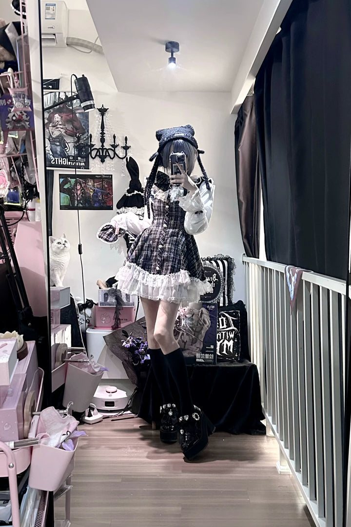 Jirai Kei Plaid Dress Set, Petal-Shaped Lace Hem 44765:825652