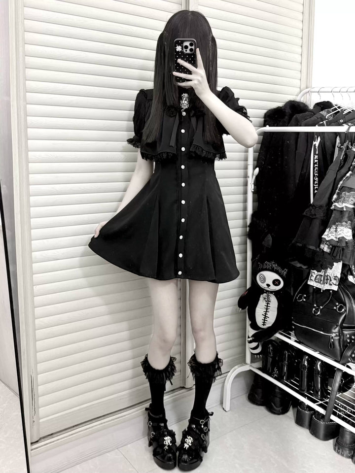 Layered Jirai Kei Dress, Detachable Rhinestone Bow 45196:841323