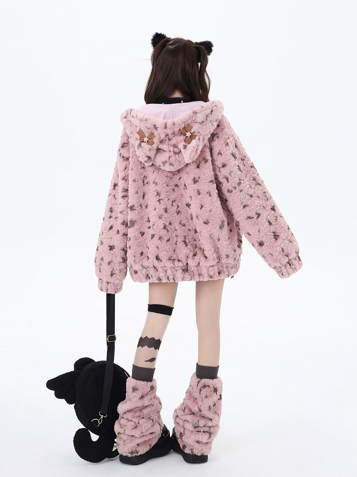 Jirai Kei Fleece Coat Leopard Print Hooded Jacket 40746:677816