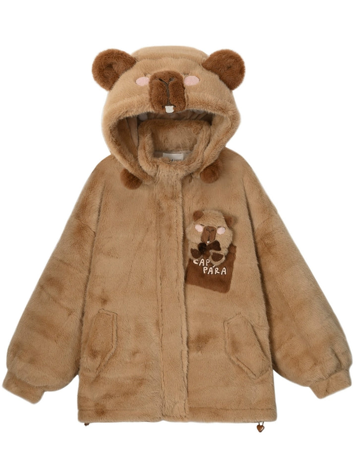 Kawaii Winter Coat Fleece Brown Hooded Coat With Bear Ears (Brown / L M S) 40222:658976