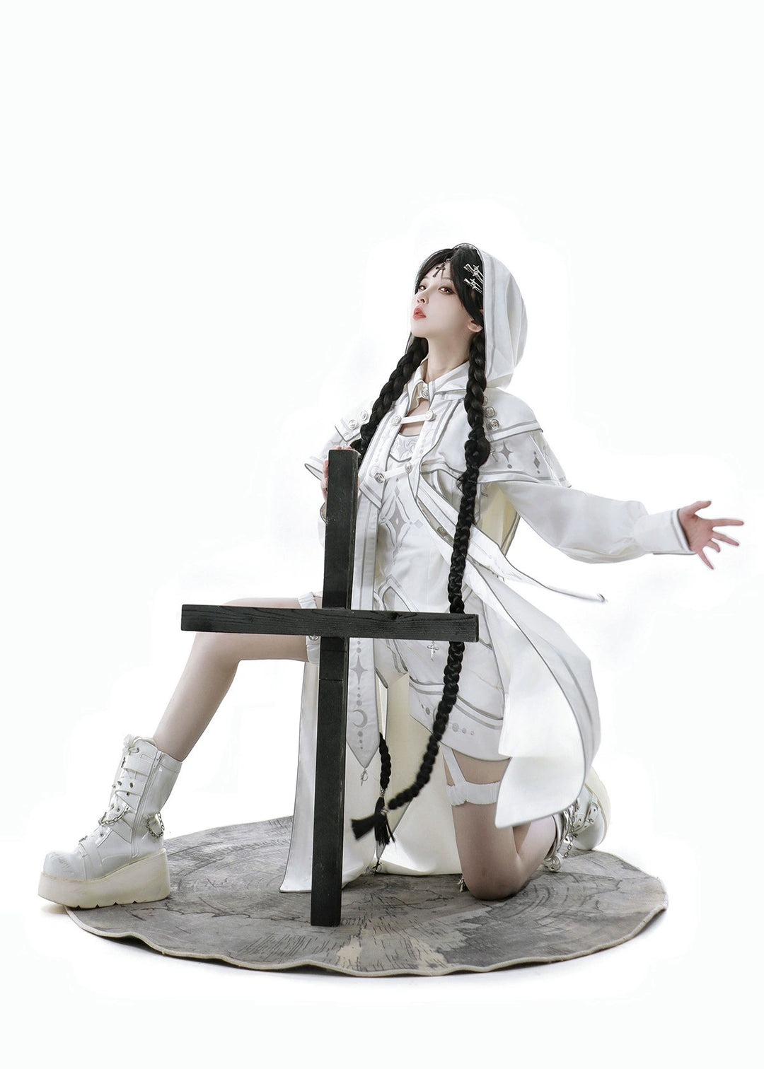 Cyberpunk Cloak Set White Hooded Cloak Top And Shorts 38820:602026