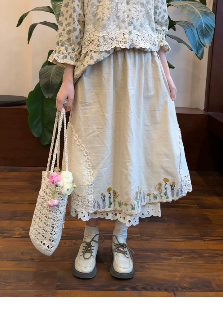 Mori Kei Skirt Sweet Retro Linen Embroidered Long Skirt 41802:714122