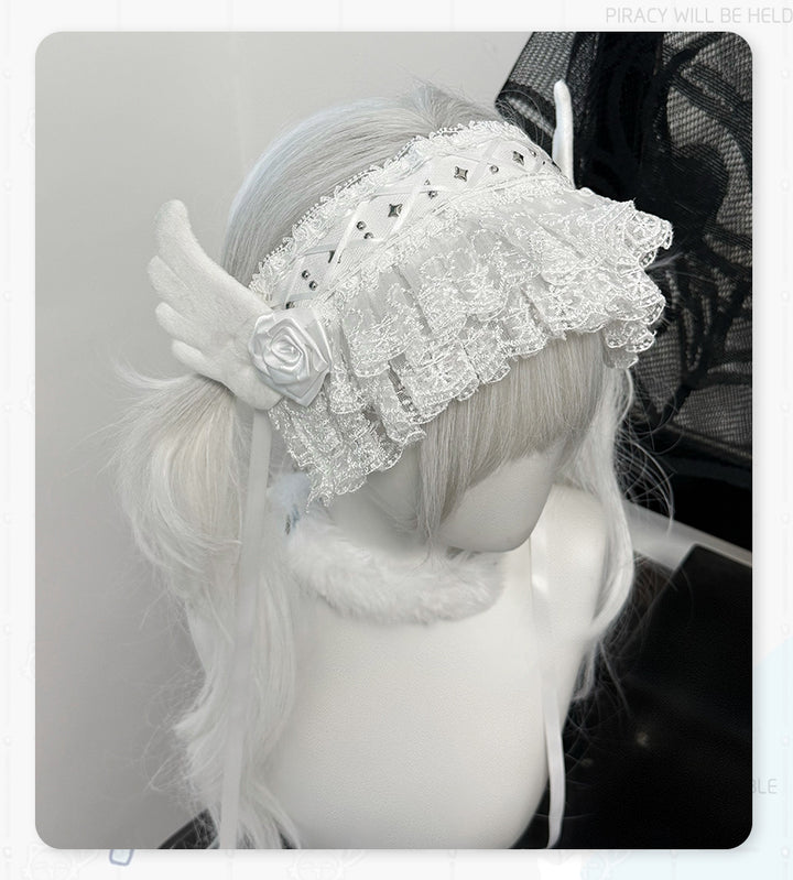 White Gothic Jirai Kei Hairband with Angel Wings and Rose 42322:736373