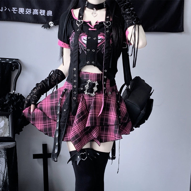 Gyaru Outfit Set Hip-Hop Top And Irregular Hem Skirt 41866:716370