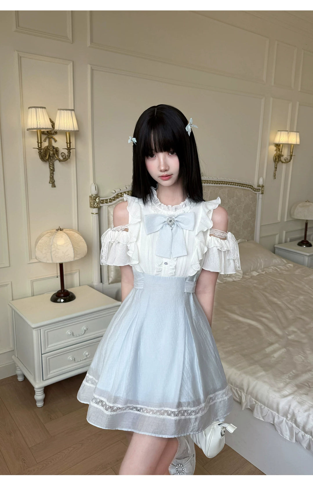 Seiso Kei Open Shoulder Dress, Blue & White Color Spliced (L M S) 45752:861379
