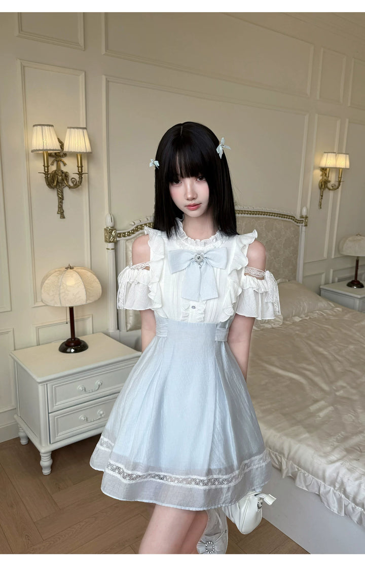 Seiso Kei Open Shoulder Dress, Blue & White Color Spliced (L M S) 45752:861379