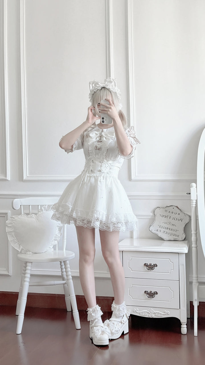 Jirai Kei Lace Collar Blouse, Pearl-decorated Skirt (L M S) 45869:867401