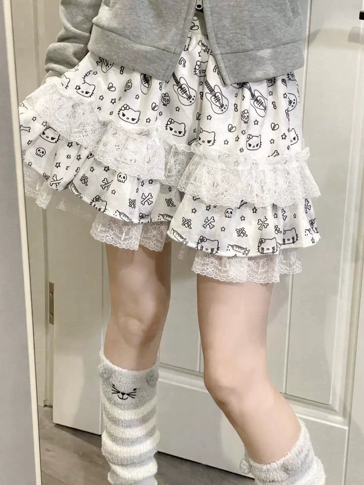 Y2K Skirt Kitty Print Lace Skirt Puff Cake Skirt 37736:586784