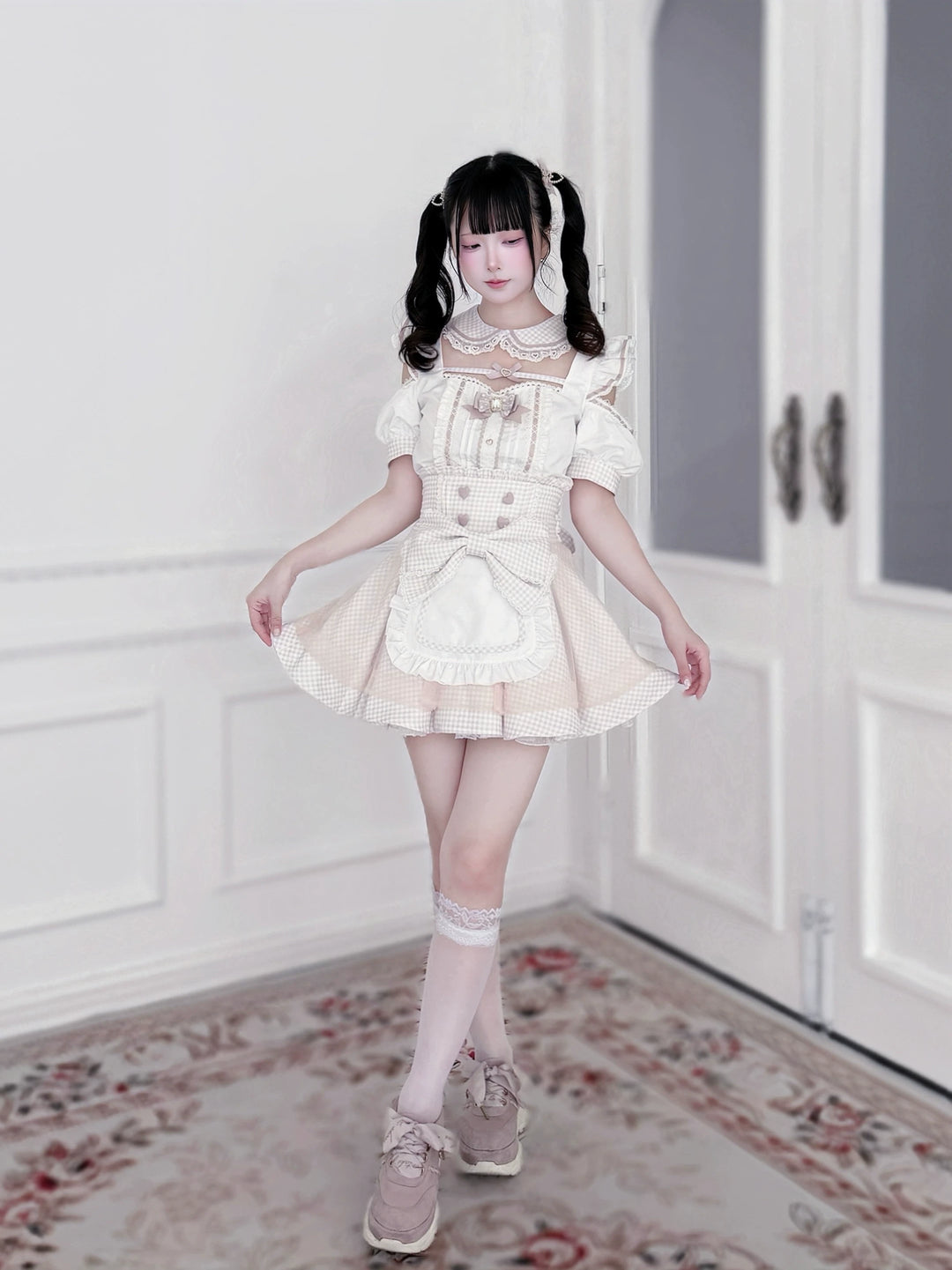 Jirai Kei Gingham Maid Blouse and Skirt Set, Detachable Apron 45659:858681
