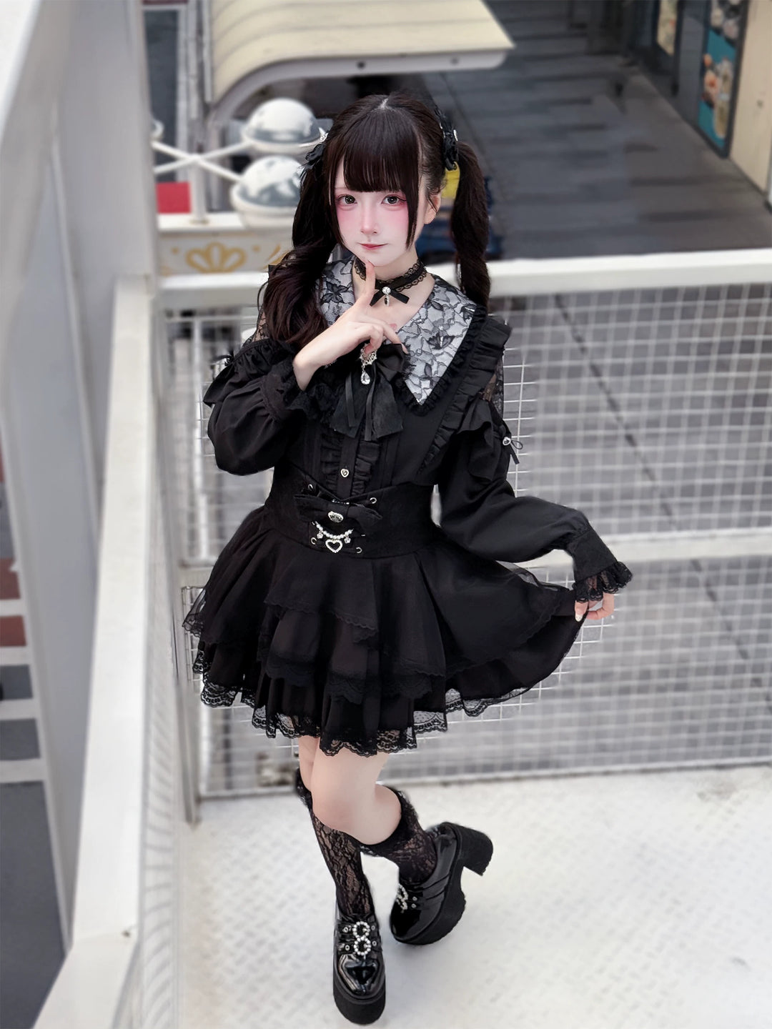 Jirai Kei Long Sleeve Blouse, Lace Open-Shoulder 44588:815069