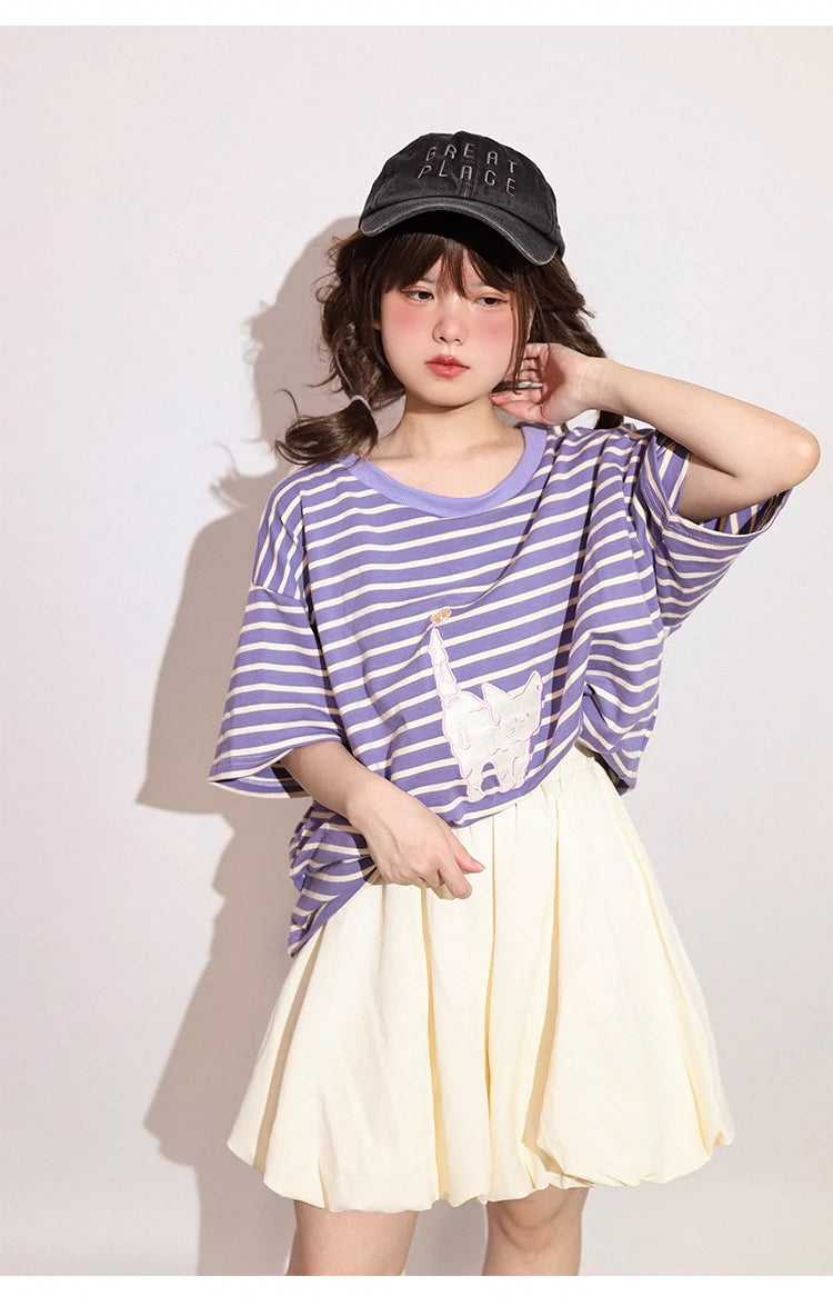 Kawaii Aesthetic Shirt Striped Short Sleeve Cotton Top 36562:518516 36562:518516