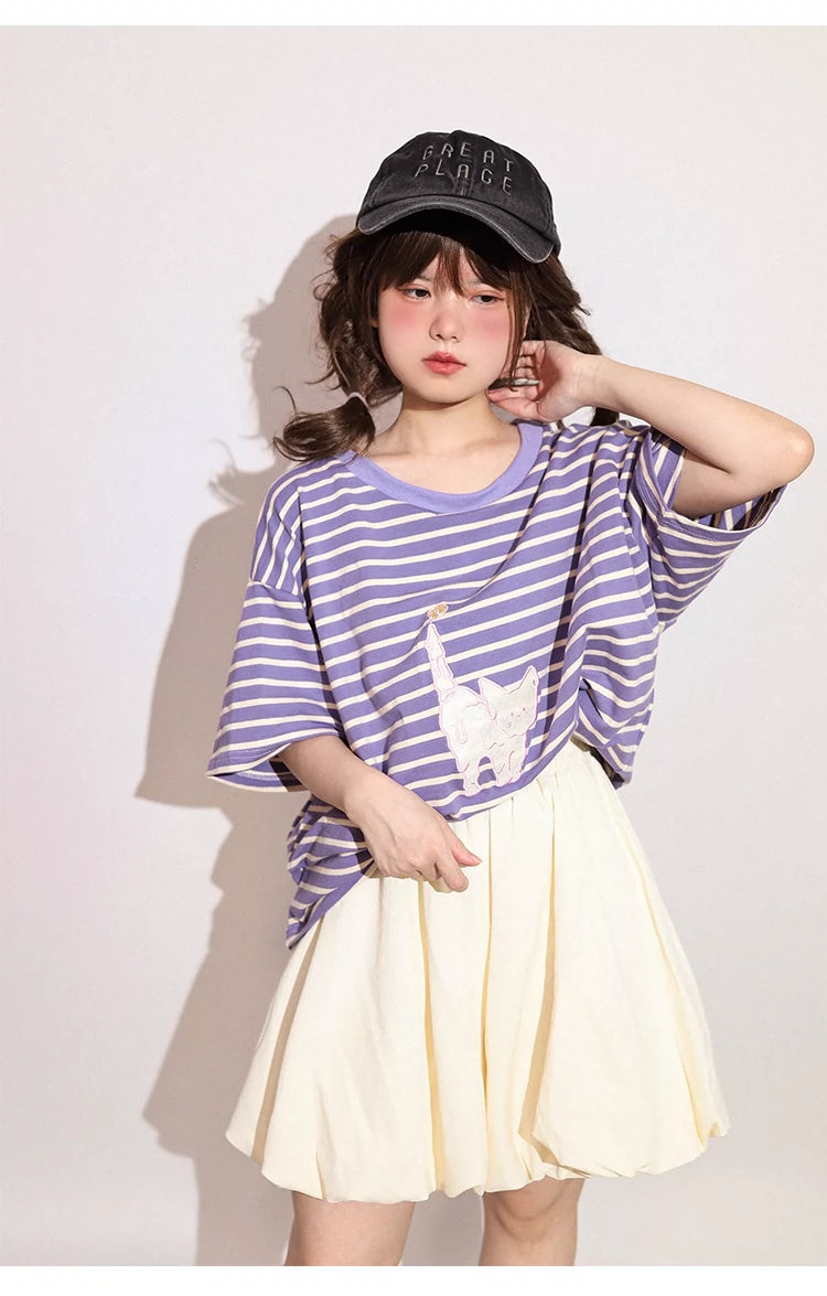 Kawaii Aesthetic Shirt Striped Short Sleeve Cotton Top 36562:518516