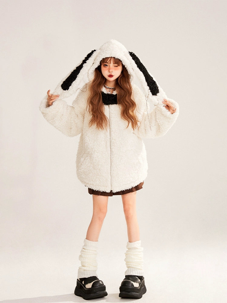 Kawaii White Coat Plush Rabbit Ear Hooded Coat 32398:423020 32398:423020