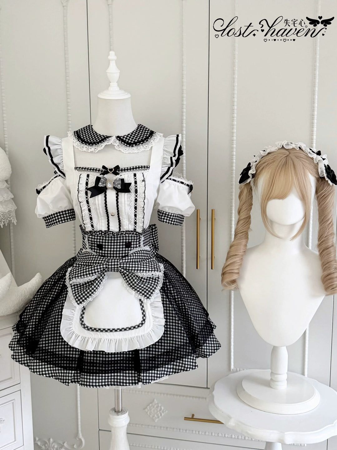 Jirai Kei Gingham Maid Blouse and Skirt Set, Detachable Apron (Black / L M S XL) 45659:858673