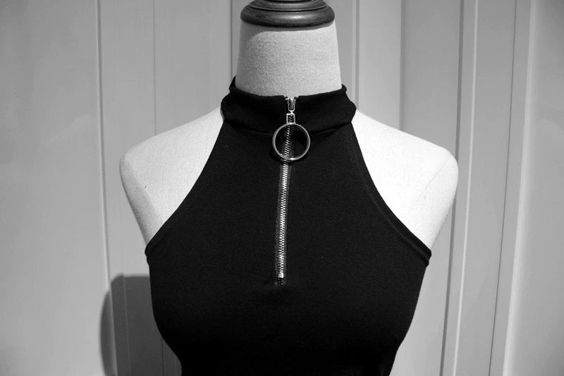 Gothic Style Crop Top High Neck Zipper Sleeveless Shirt (F) 37474:560726