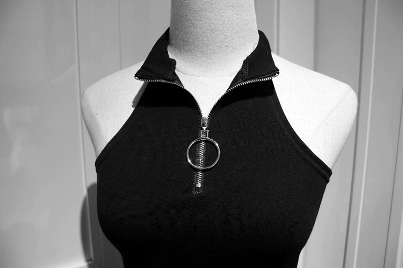 Gothic Style Crop Top High Neck Zipper Sleeveless Shirt 37474:560724