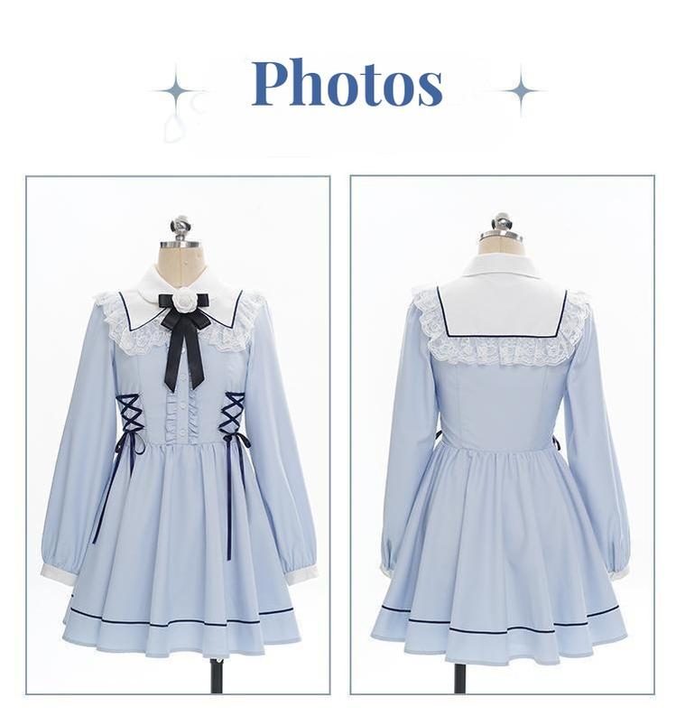 Kawaii French Style Light Blue Long Sleeve Ribbon Dress 21990:325104 21990:325104