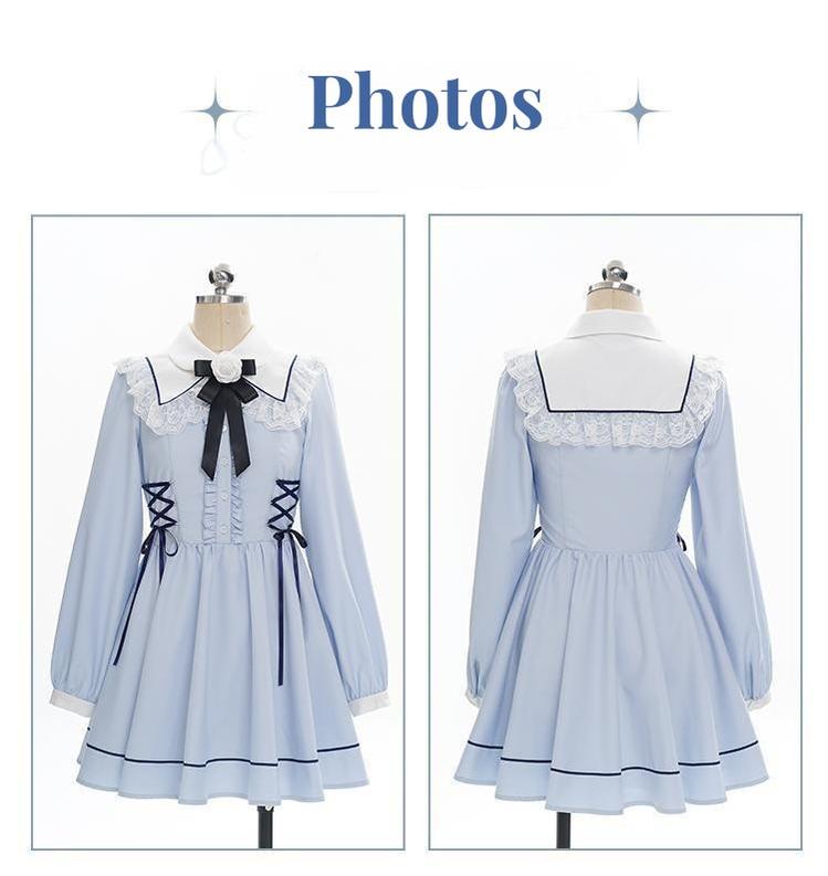 Kawaii French Style Light Blue Long Sleeve Ribbon Dress 21990:325104