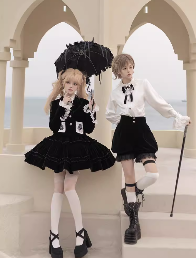 Ouji Lolita Prince Outfit Set Black Skirt Velvet Shorts Set 39368:632000