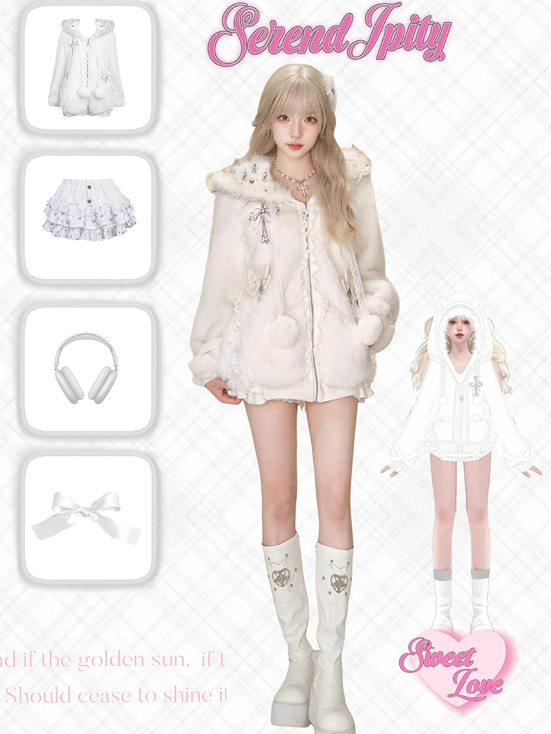 Subculture Winter Coat White Plush Cat Ear Coat And Tiered Skirt 41122:692088