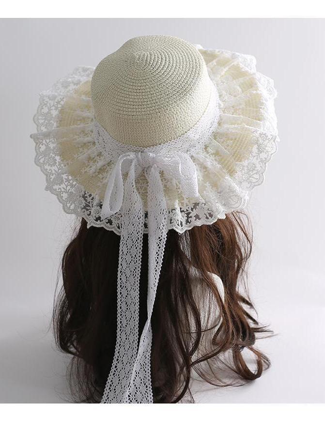 Mori Kei Sunhat Country Lolita Lace Frill Straw Hat With Ribbon Bow 42248:735448