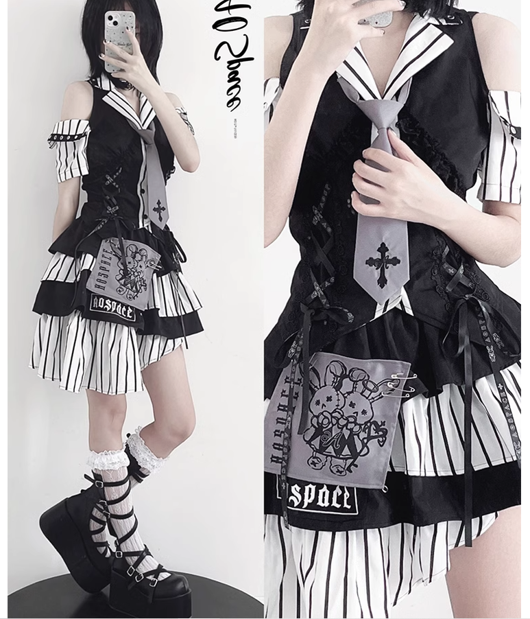 Jirai Kei Off-shoulder Striped Shirt And Ruffled Hem Skirt 37558:564440