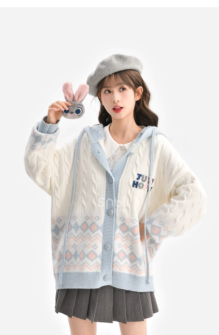 Mori Kei Sweater Bunny Fox Coat Plaid Knit Jacket 39272:643374