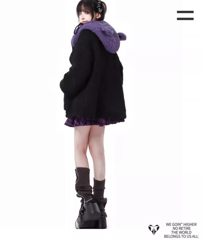 Jirai Kei Winter Coat Purple Black Outfit Sets Bear Ears Jacket 32572:421938 32572:421938