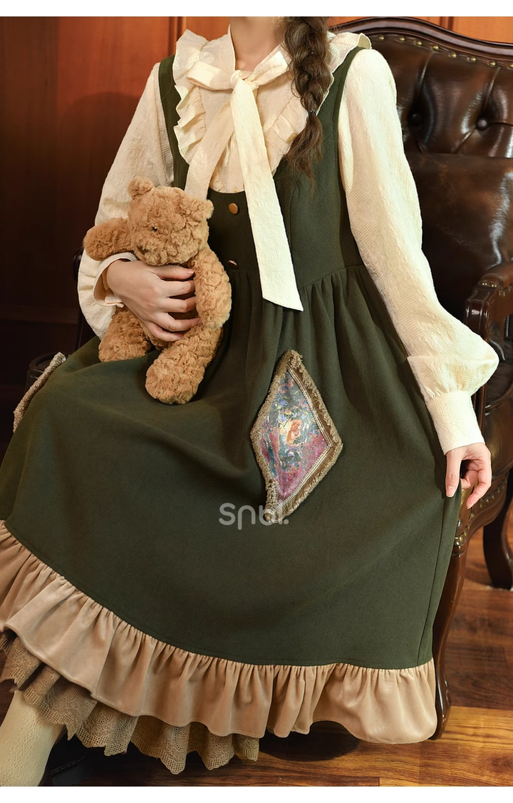 Mori Kei Dress Green Suspender Dress Apricot Blouse 39312:643766