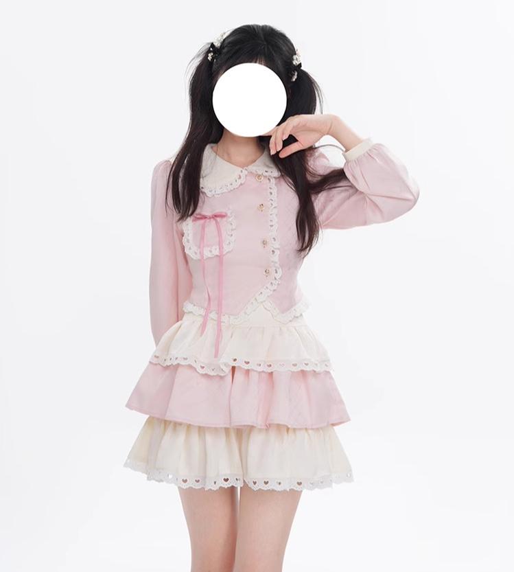 Kawaii Pink Outfit Set Sweet Tiered Skirt Set 37546:576812