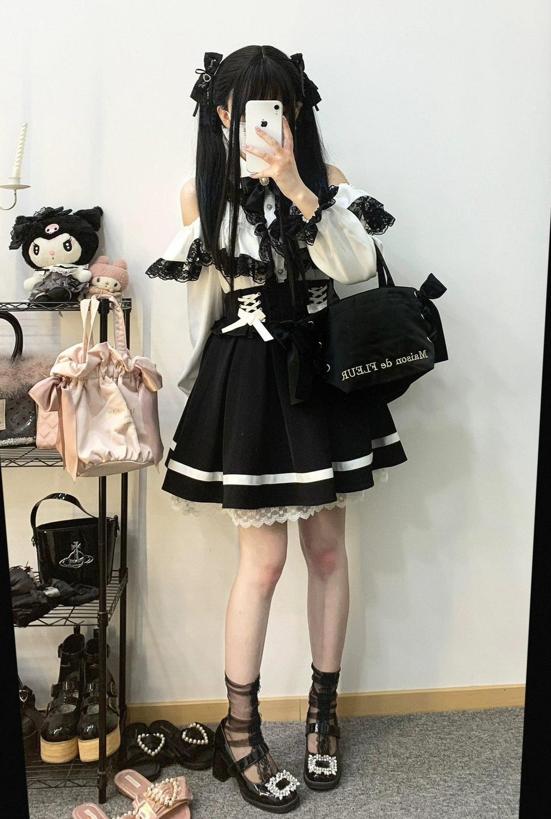 Jirai Kei Blouse Double Ruffle Open Shoulder Shirt 31856:768490
