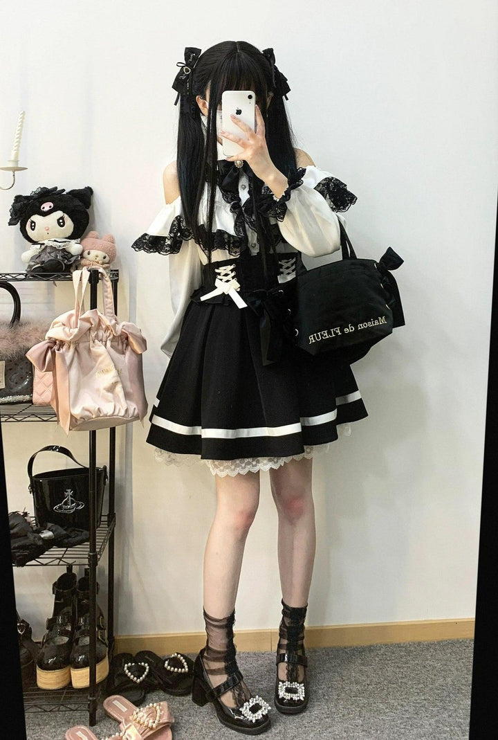 Jirai Kei Blouse Double Ruffle Open Shoulder Shirt 31856:768490