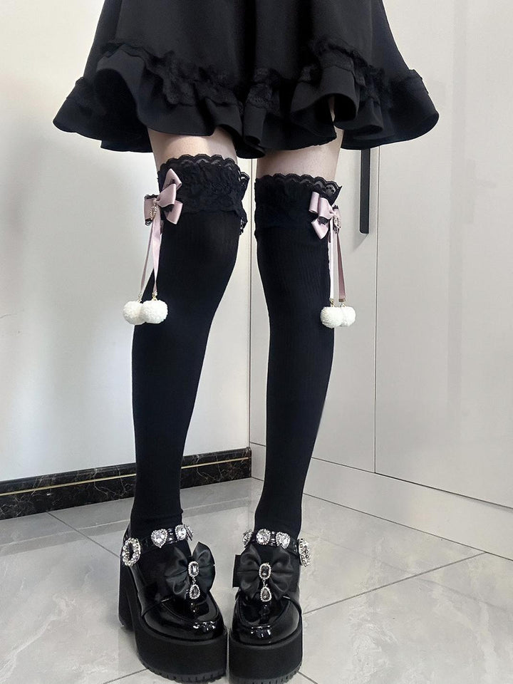 Jirai Kei Knee Socks Lace Bow Pom-Pom Mid-Calf Socks 40886:678924