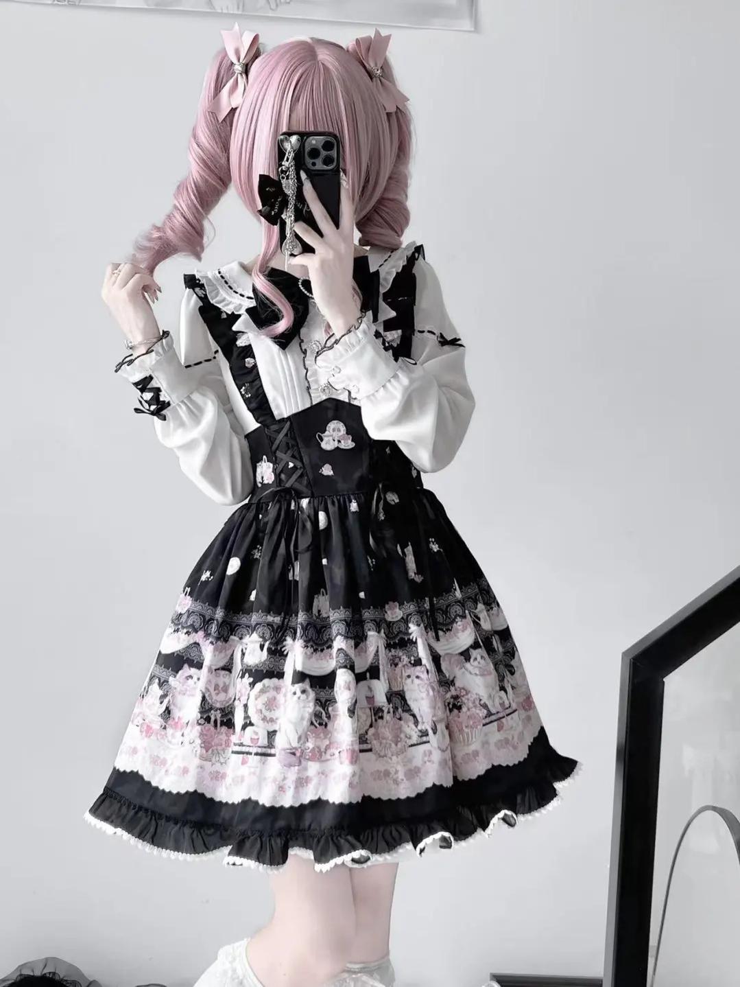 Kawaii Ryousangata Dress Long-sleeved Cat Printed OP Dress 40560:665148