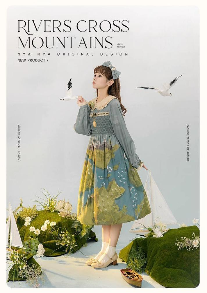 Lolita Dress Rivers Cross Mountains Print Lolita Dress Set 39412:627124