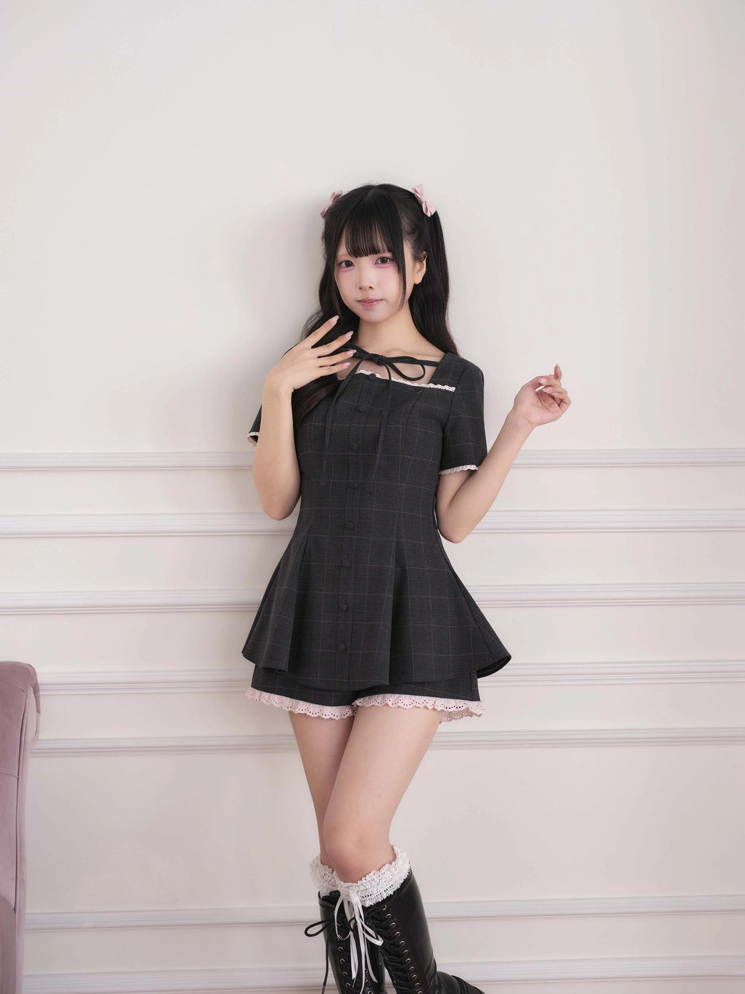 Ryousangata Lace Trim Dress & Elastic Shorts Set (M S) 45835:864525