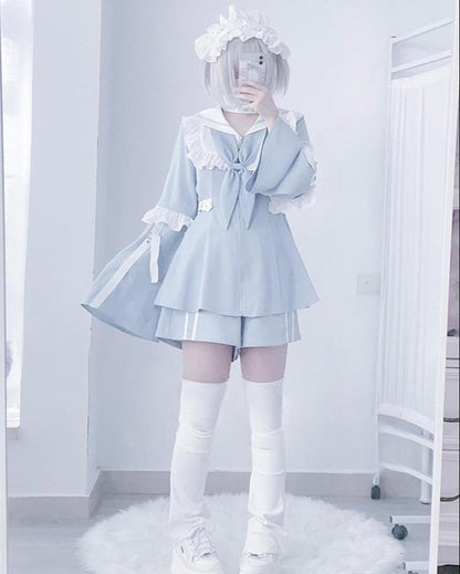 Jirai Kei Set Up Blue Lace Dress And Shorts Set 37046:548188