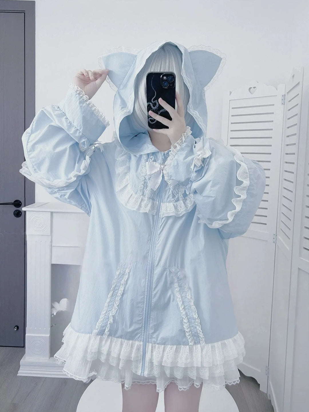 Jirai Kei Lace Trim Sun Protective Jacket, Cat-ear Hood 45652:857259