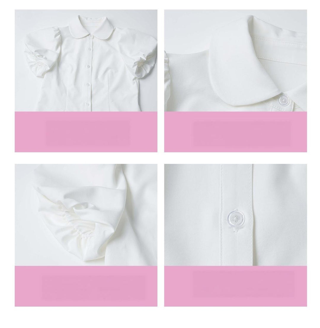 Academia Bubble Sleeve Blouse, Elastic Waist Suspender Skirt 45875:866431