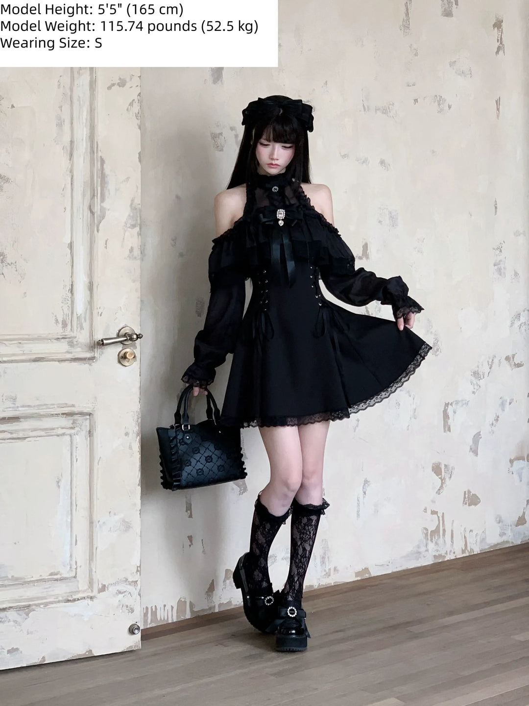 Black Seiso Kei Lace Long Sleeve Dress, Sheer Neckline 45806:863284