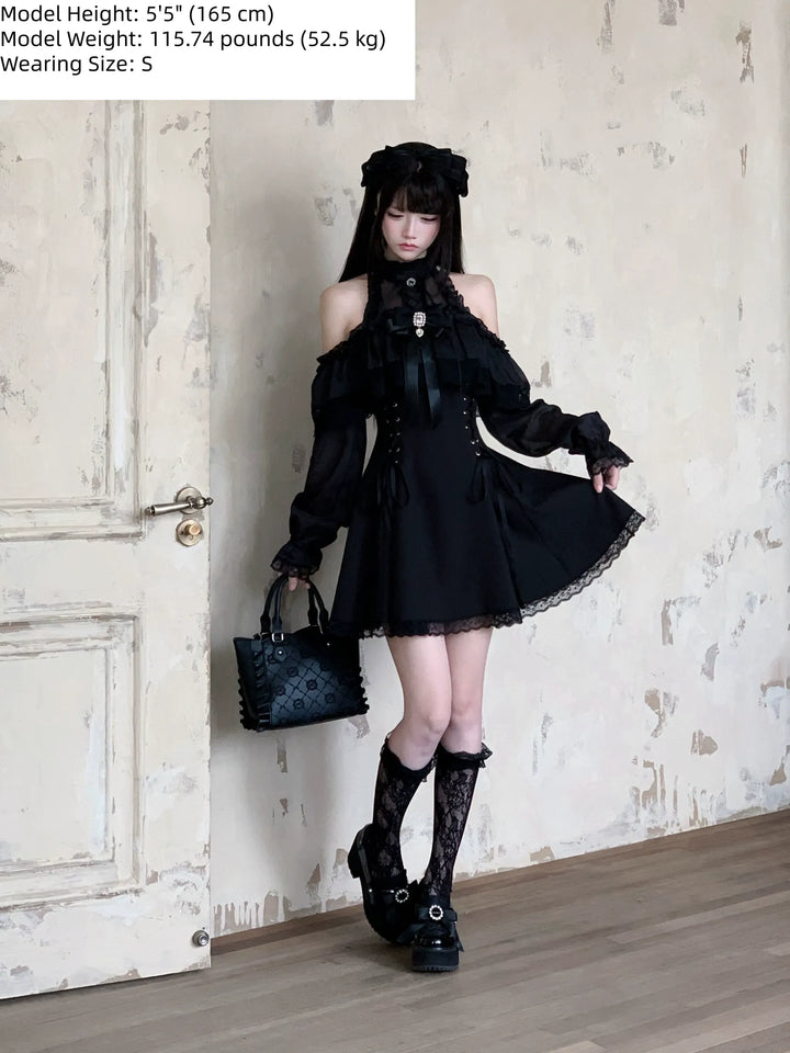 Black Seiso Kei Lace Long Sleeve Dress, Sheer Neckline 45806:863284